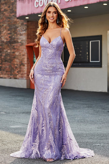 Lilla Sparkly Mermaid Abito lungo da ballo con perline